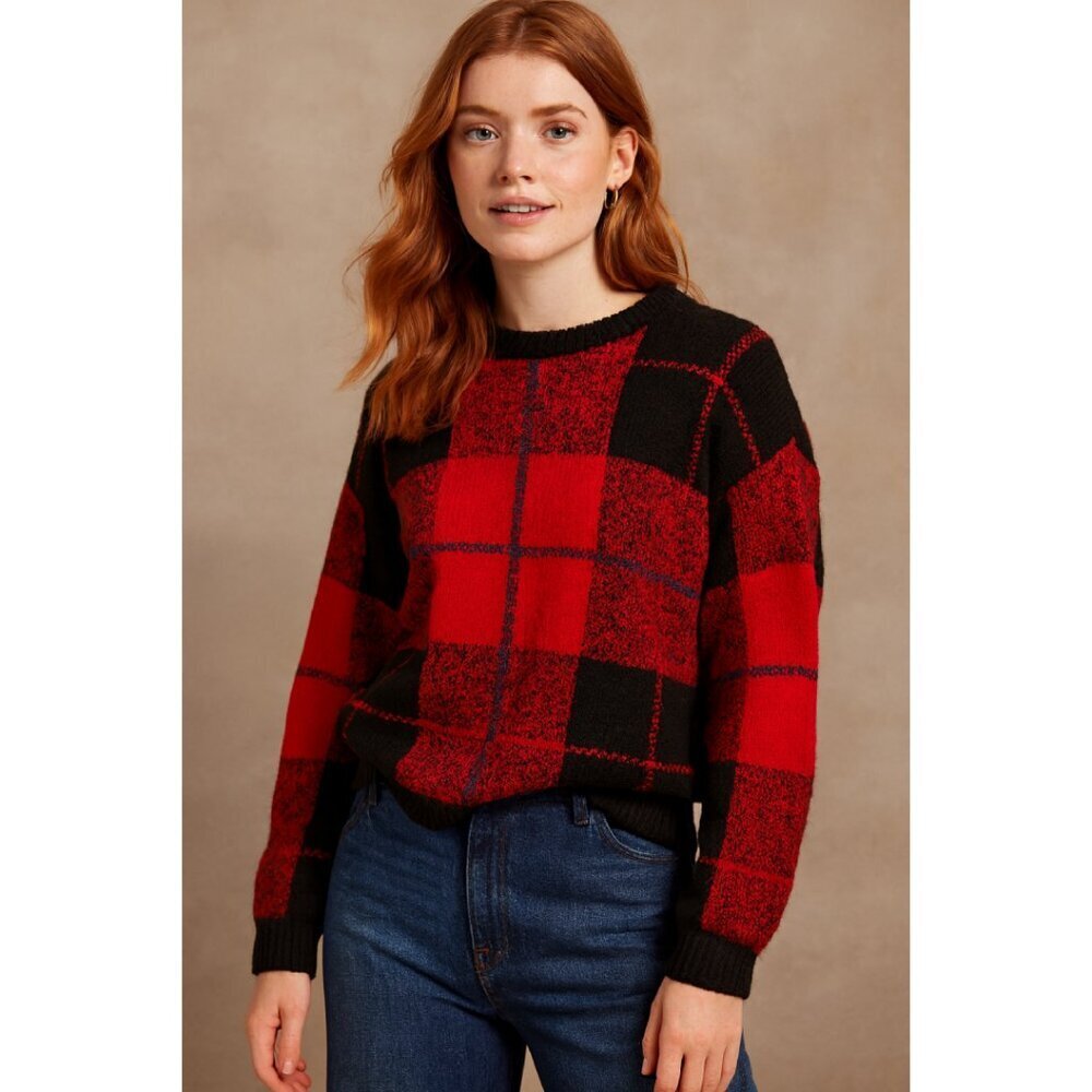 Vintage WOOLRICH Wool Sweater Red Pullover Buffalo Plaid Mens Size L Long Sleeve